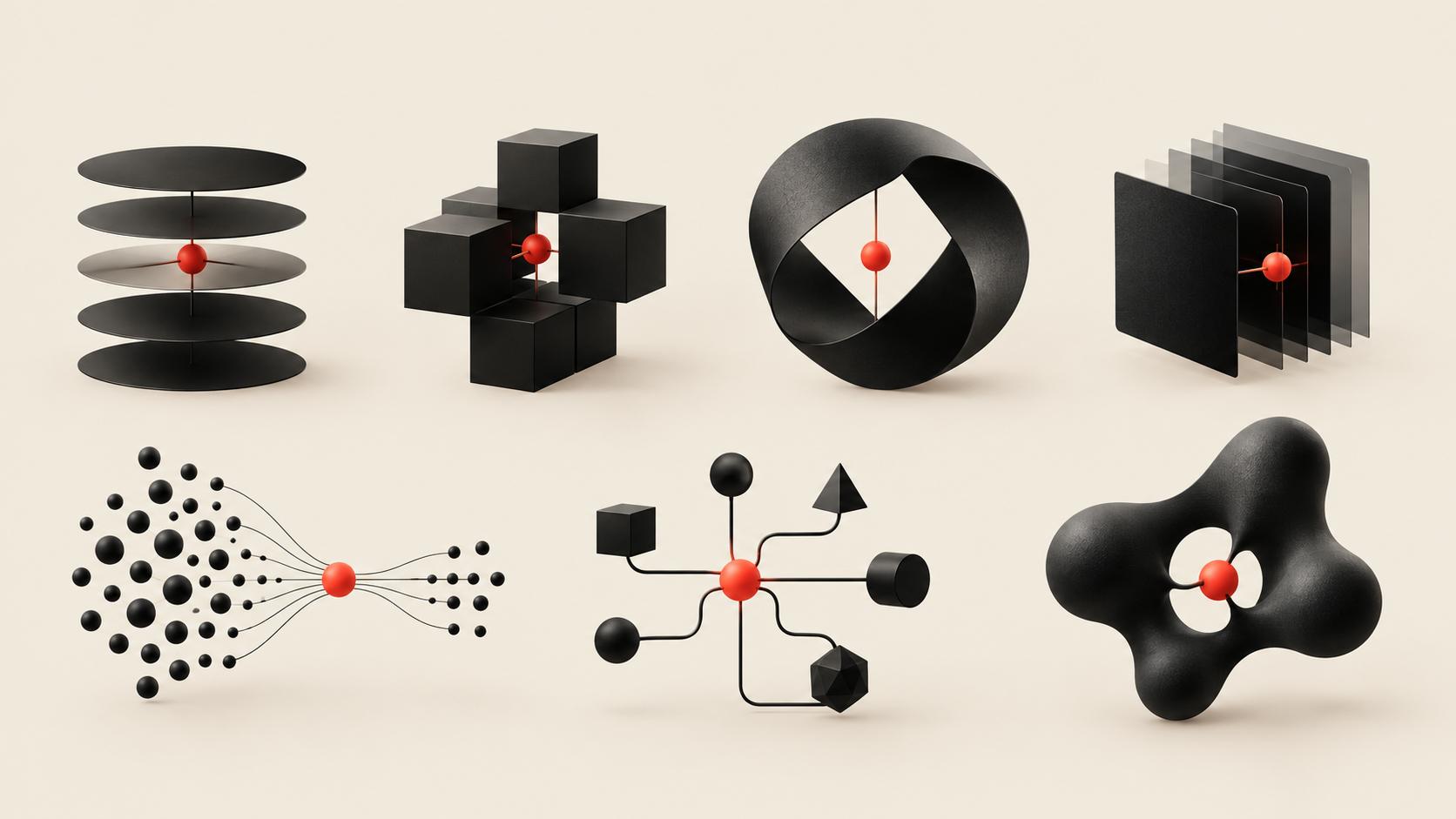 Black sculptural forms, each held together by a single vermilion point